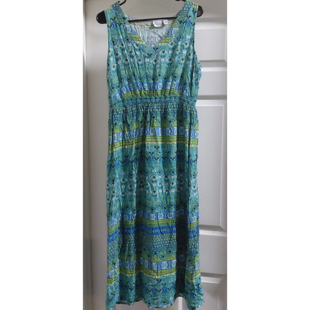Kim Rogers Woman 1X Maxi Dress Blue Green Geometric Print Sleeveless Rayon